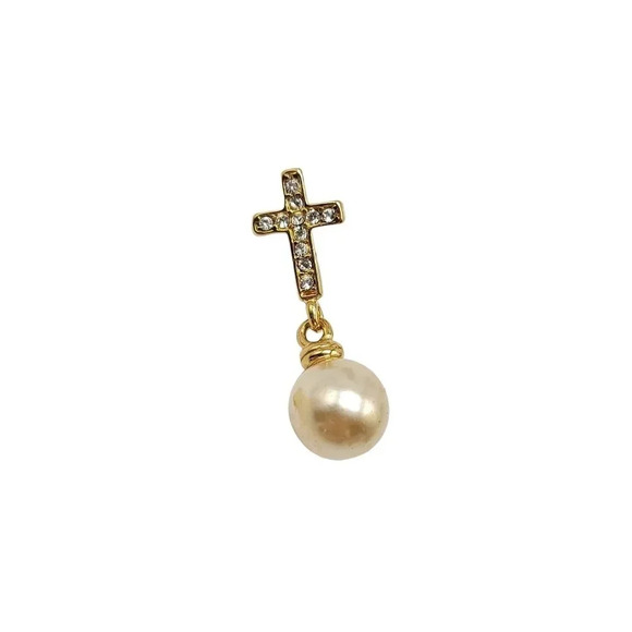 Gold Tone Rhinestone Crucifix Cross Faux Pearl Drop Pendant Charm - Picture 1 of 4